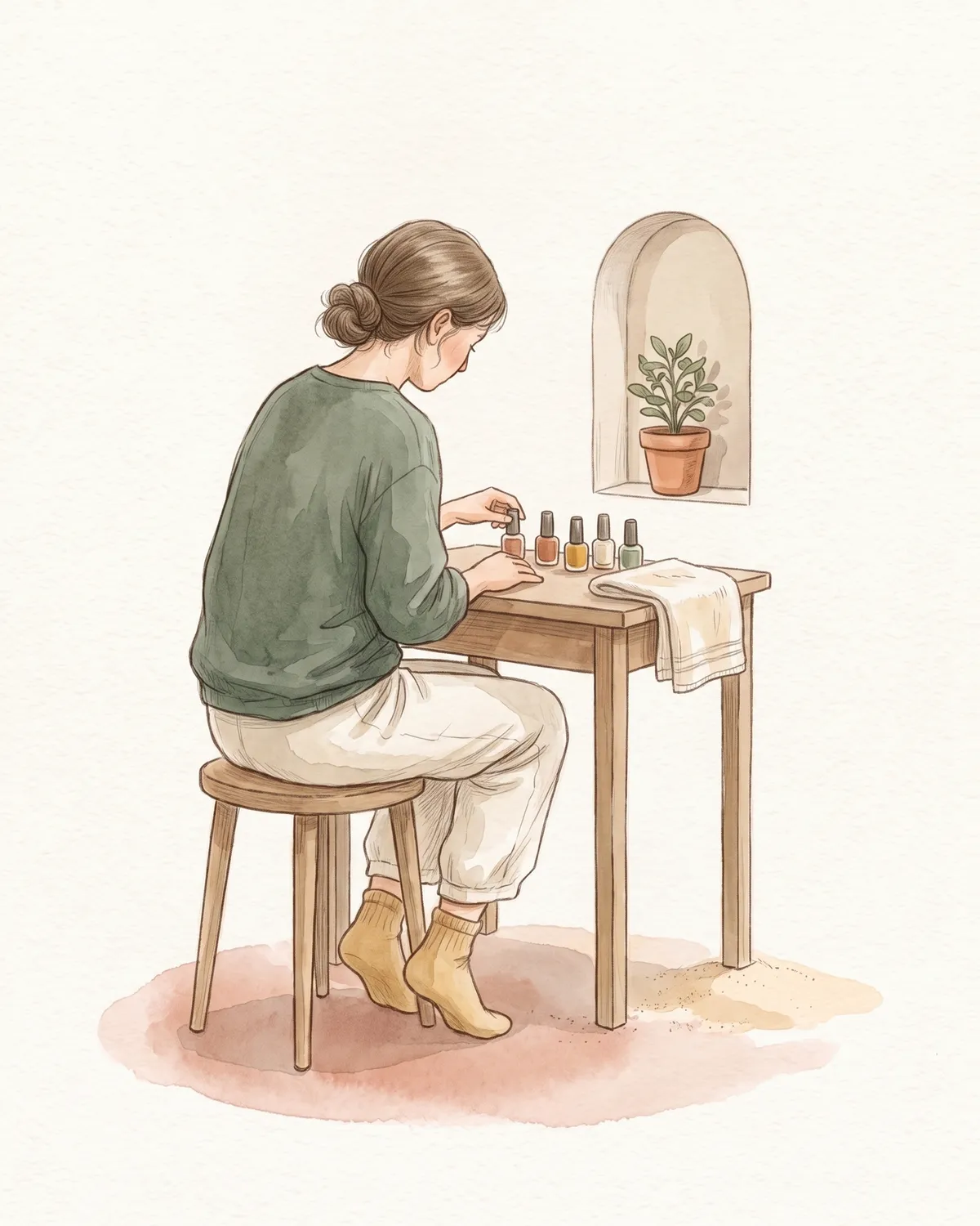 Illustration: eine Person von hinten an einem kleinen Tisch mit Nagellackfläschchen, in der Nische eine Pflanze.