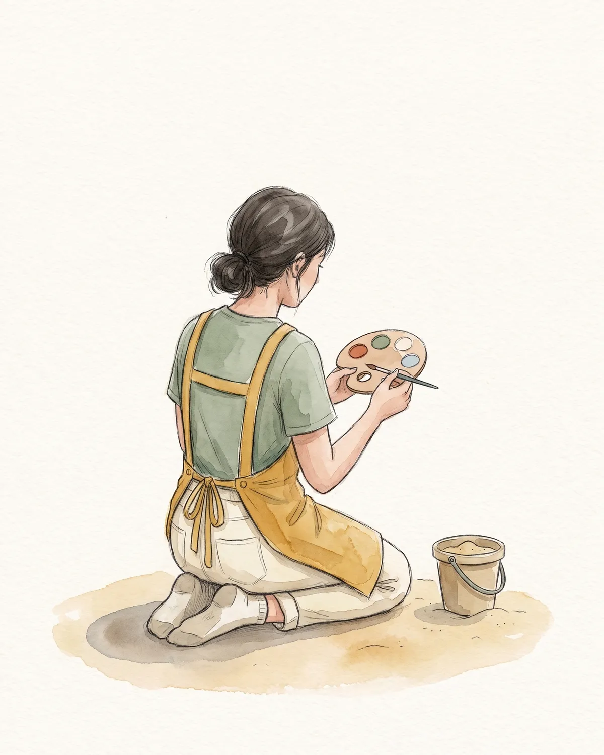 Illustration: eine Person kniet im Sand, mit Schminkpalette und Pinsel, daneben ein Eimer.