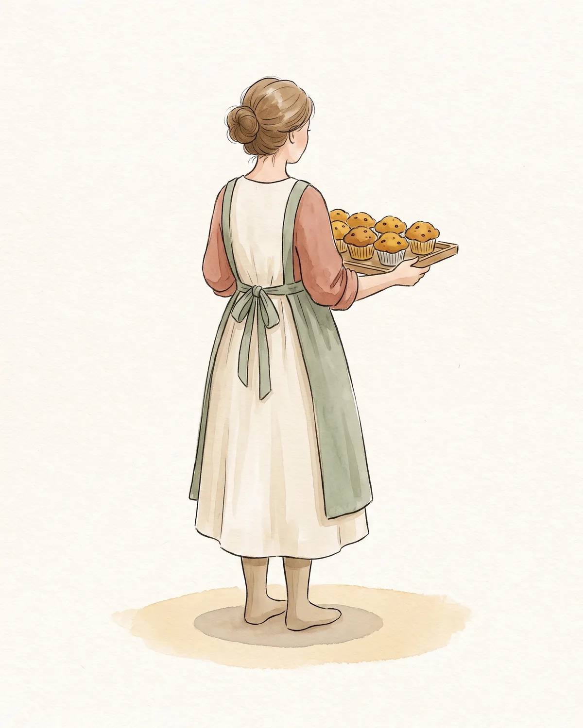 Illustration: eine Person von hinten trägt ein Tablett mit Muffins.