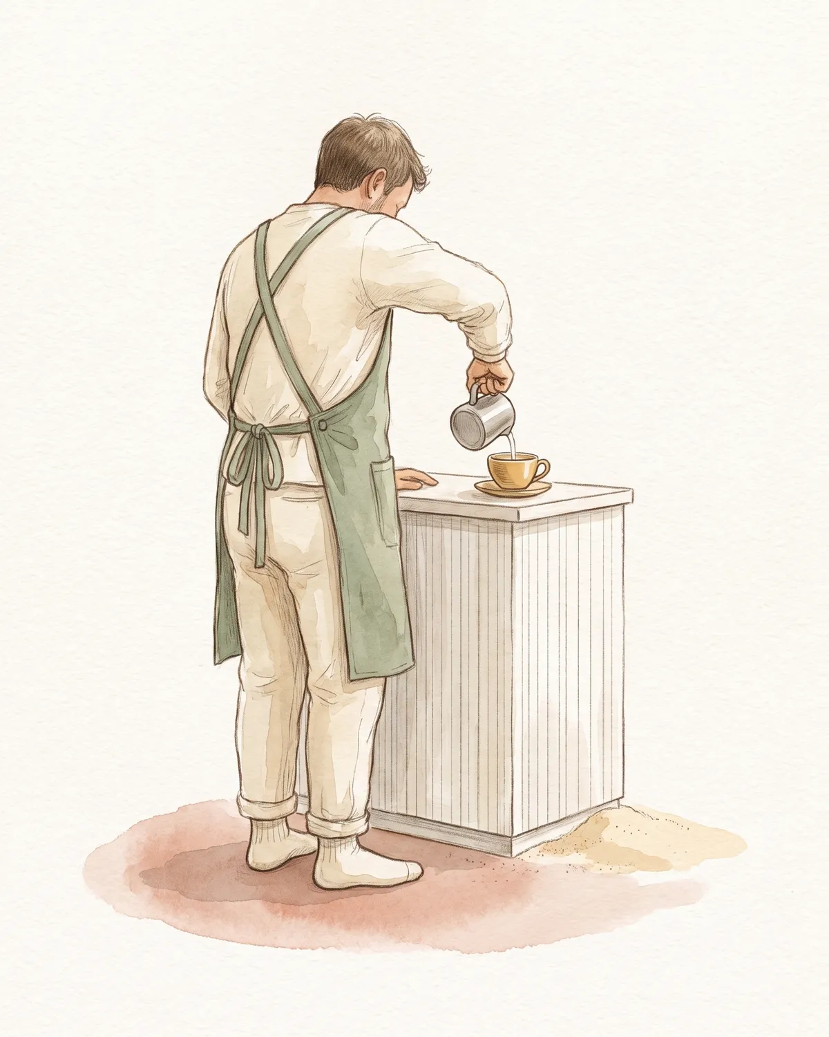 Illustration: eine Person von hinten giesst Milch in eine Tasse an der Theke.