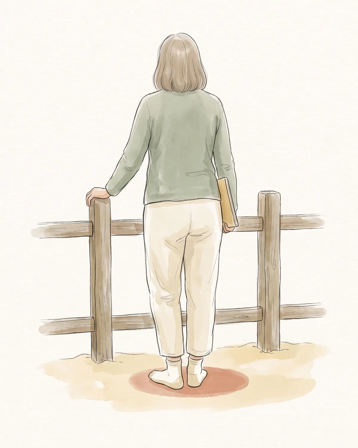 Illustration: eine Person von hinten am Holzzaun vor dem Sand, eine Mappe unter dem Arm.
