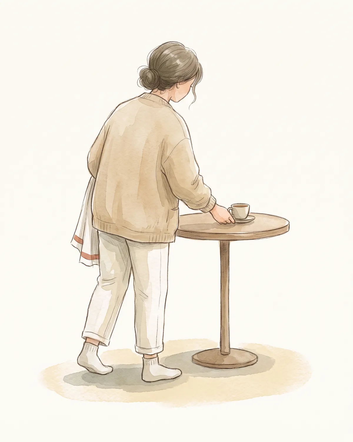 Illustration: eine Person von hinten deckt einen runden Cafétisch, ein Tuch über dem Arm.