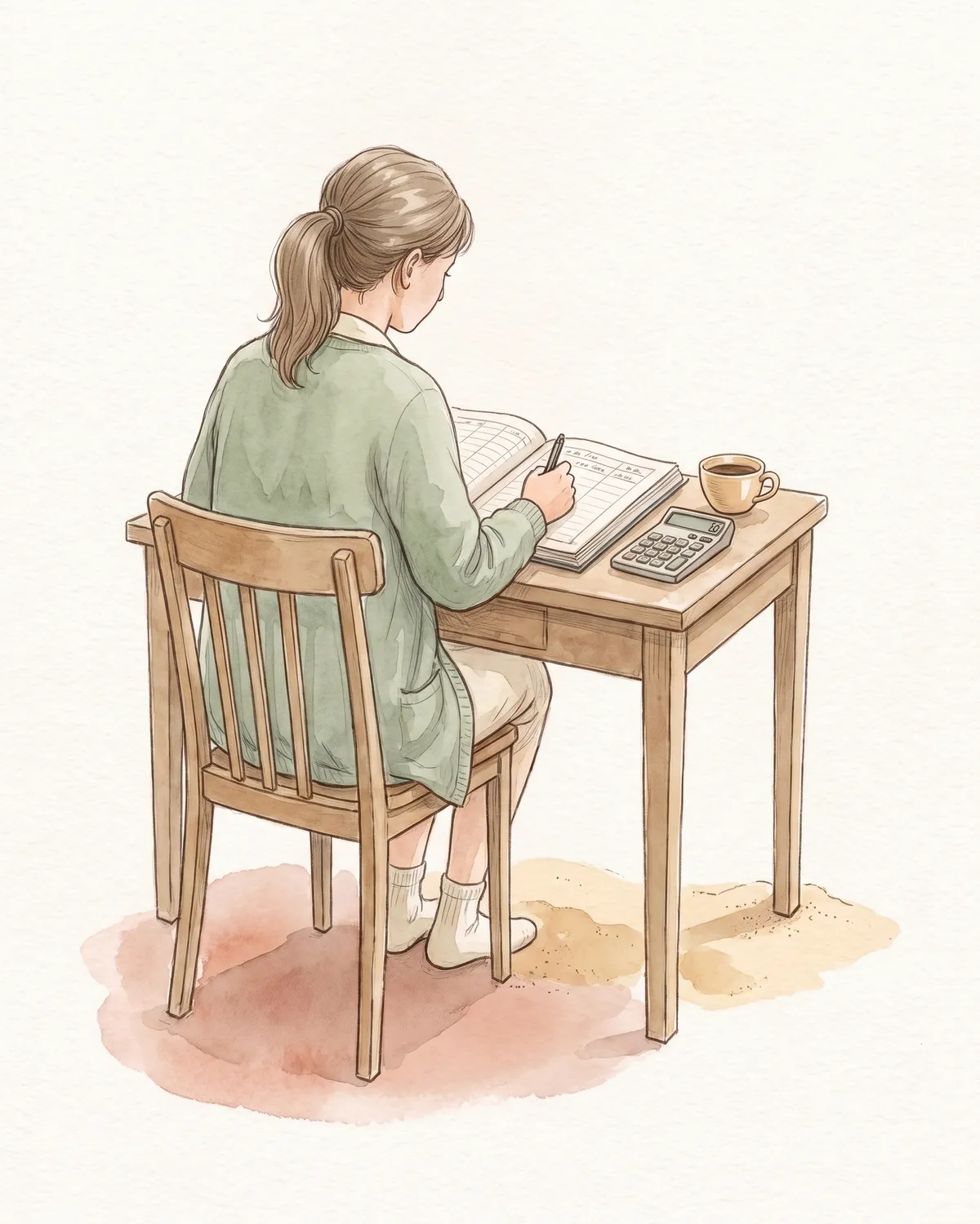 Illustration: eine Person von hinten am Schreibtisch mit Ordner, Rechner und Kaffeetasse.