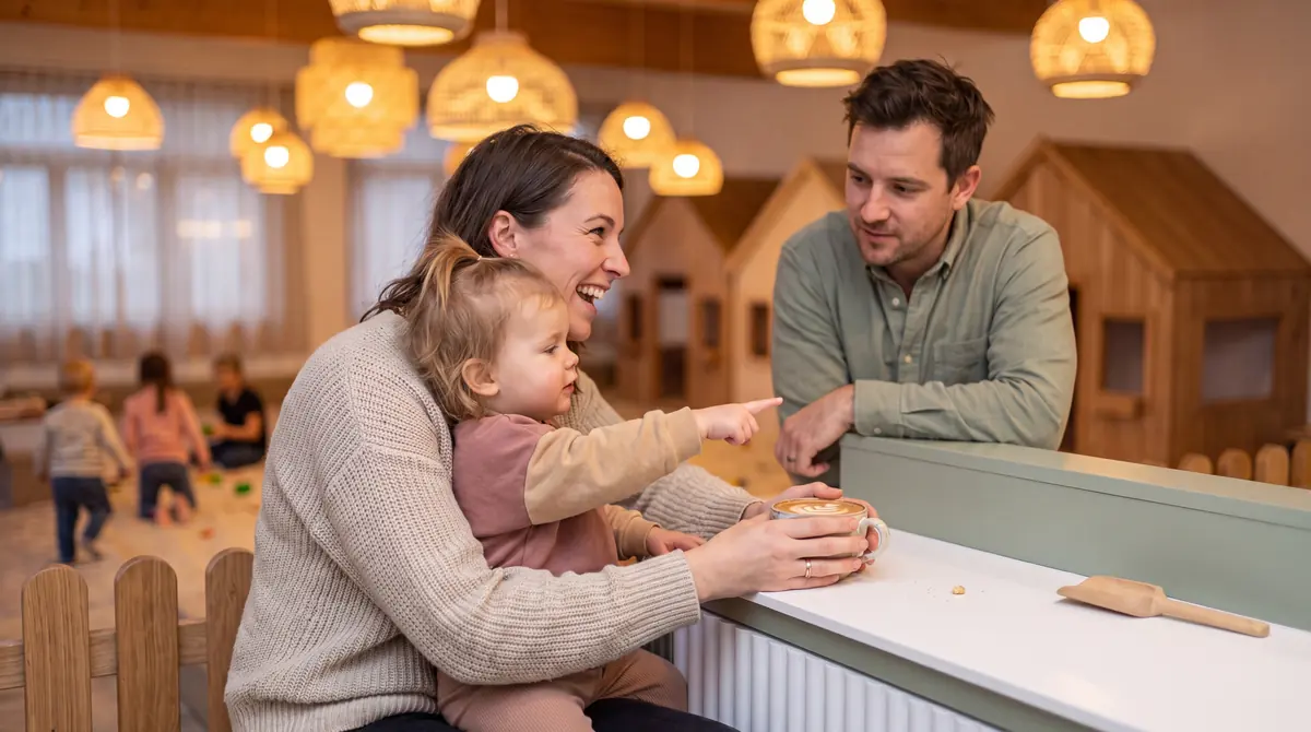 Eine Familie am Tresen des Traumfängers: die Mutter lacht, ihr kleines Kind auf dem Schoss zeigt in die Sandhalle, vor ihnen ein Cappuccino in der handgemachten Tasse, der Vater lehnt daneben am salbeigrünen Tresen. Dahinter die hölzernen Themenhäuser, spielende Kinder und warme Rattanleuchten.