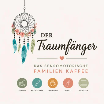 Der Traumfänger, das sensomotorische Familienkaffee: Traumfänger-Signet mit den fünf Bereichen Spielen, Kreativ sein, Geniessen, Beauty und Arbeiten.