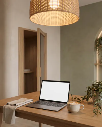Die Working-Area: ein Laptop und ein Cappuccino auf warmem Eichenholz, dahinter die offene Tuer der Box fuer ungestoerte Telefonate.